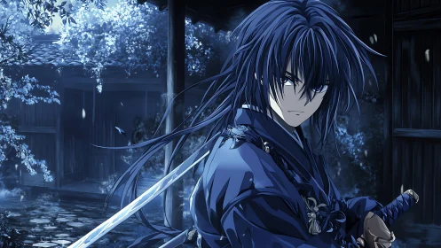 Sword-bearing figure stands in blue-toned courtyard at night