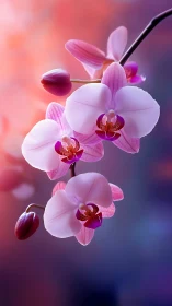 Pink orchid stem glows against soft bokeh gradient background.