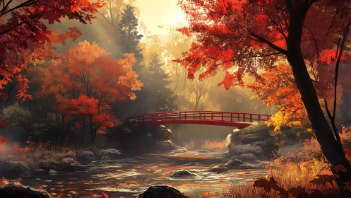 Autumn forest river with red bridge rendered in digital painting
