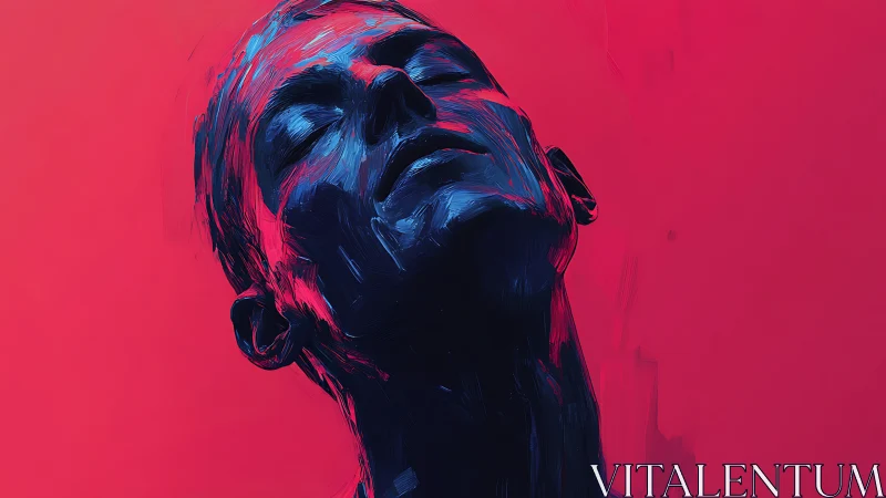 Digital portrait of upward-tilted head in blue and magenta tones.