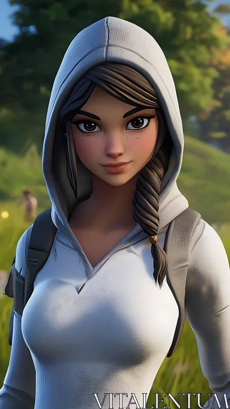 Hooded wanderer pauses mid-quest under sunlit green skies