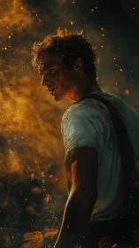 Young man stands in drifting embers and directional firelight