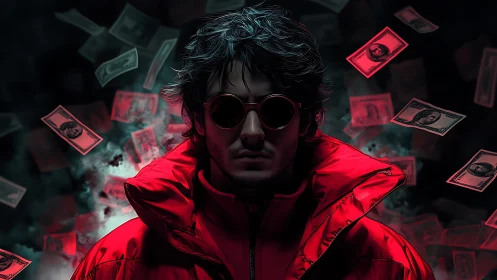 Figure in red jacket stands amid suspended banknotes in dark