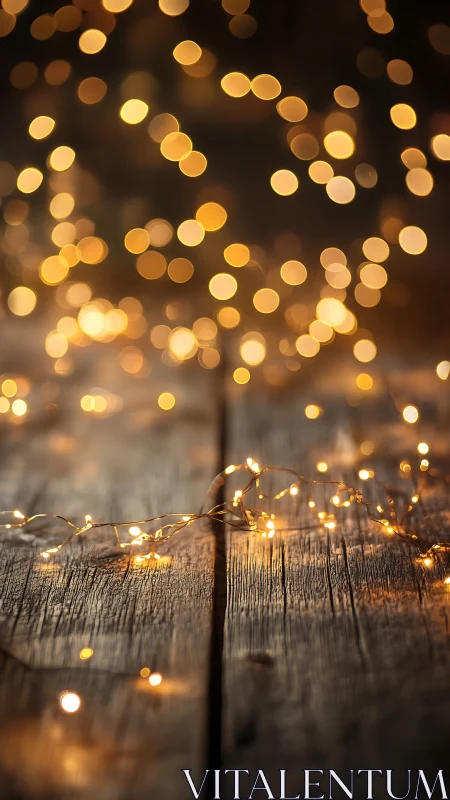 Soft golden string lights glowing over rustic wood table.