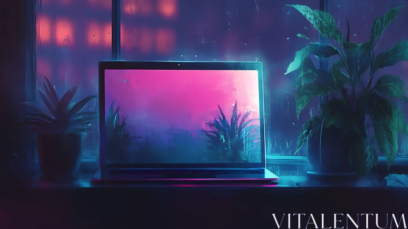 Cozy neon-lit laptop nook glowing beside rainy window.