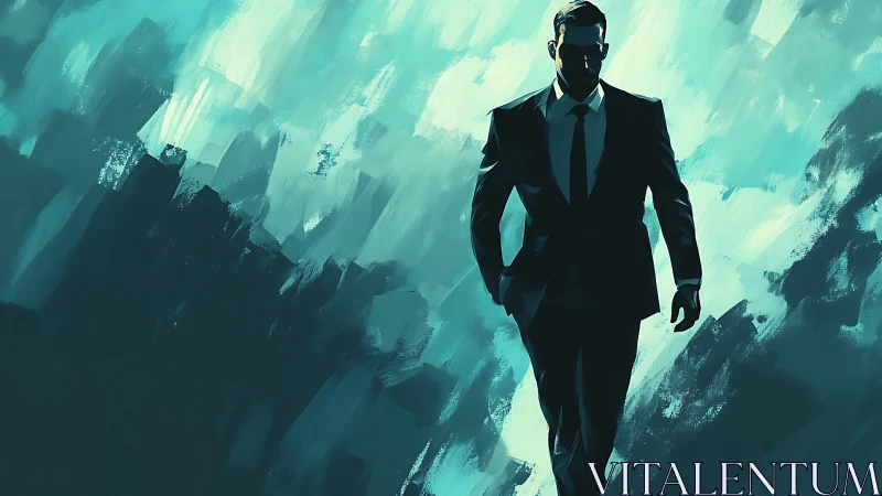 Confident figure in a teal city glow walking toward tomorrow.