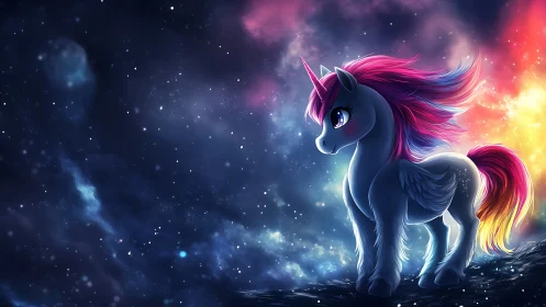 Bioluminescent winged unicorn foal under chromatic nebula sky