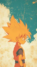 Thoughtful young hero in warm retro anime sunlight.