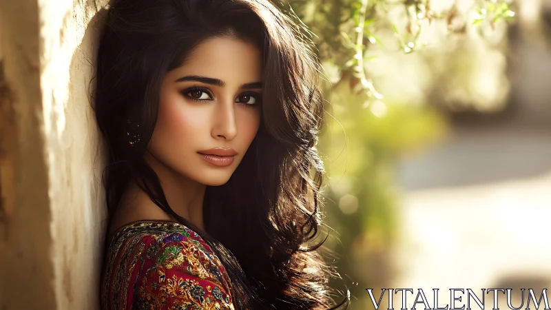 Woman in embroidered garment stands in sunlit outdoor scene