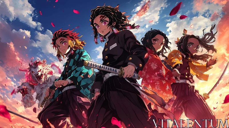 Sword-wielding anime warriors under blazing sunset sky.