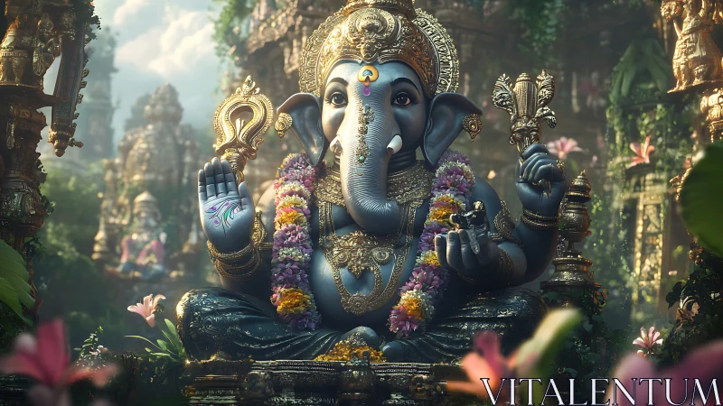 Digital painting of ornate Ganesha sculpture in lush shrine.
