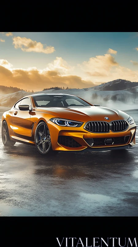 Orange BMW coupe on wet road with snowy hills at sunset.