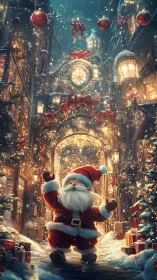 Joyful Santa strolling through a sparkling Christmas street.