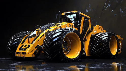 Futuristic yellow tractor with oversized industrial tires.