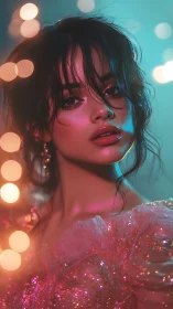 Glowing portrait of a young woman in dreamy neon light