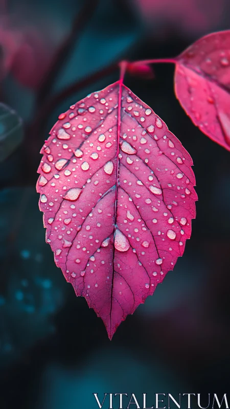 Raindrop constellations quietly crown a lone pink leaf