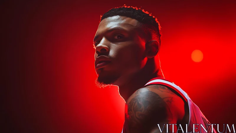 Backlit baller in crimson haze, poised for electric glory.