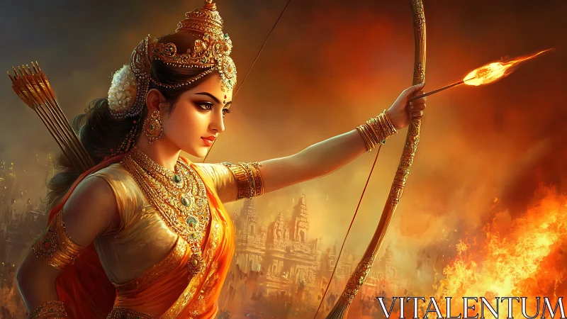 Warrior goddess with flaming arrow over burning cityscape.