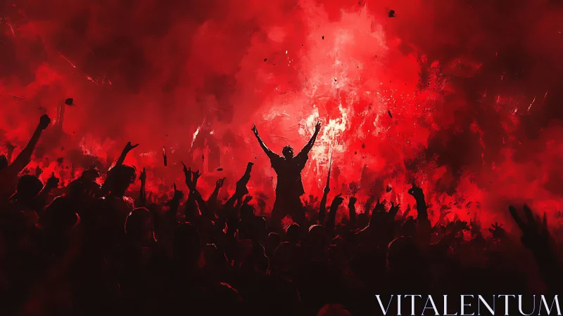 Crowd silhouette under red flares and dense smoke at night.