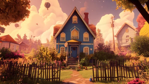 Blue storybook house in warm suburban sunset scene.