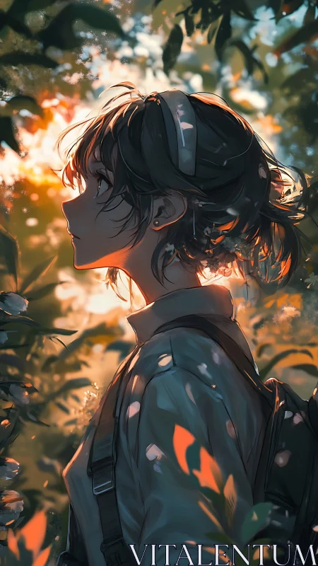 Warm dusk portrait of contemplative girl in glowing foliage.