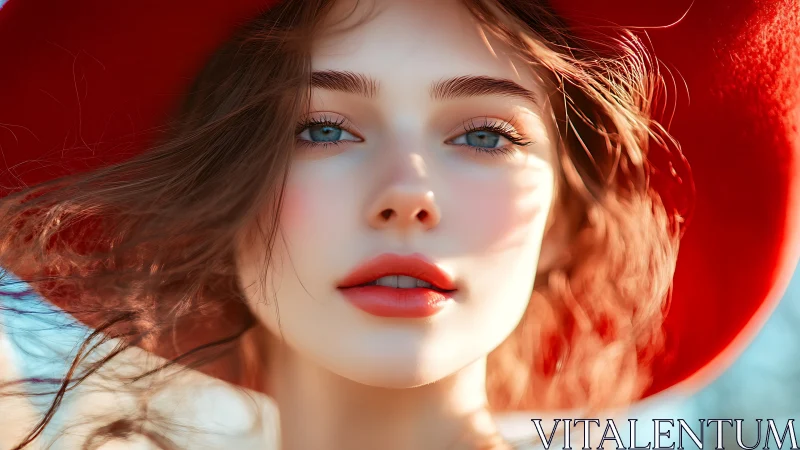 Sunlit red-hatted muse with ocean eyes and windlit hair.