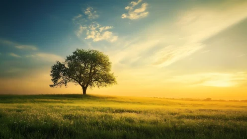 Isolated deciduous tree under low-angle sunlit atmospheric sky.