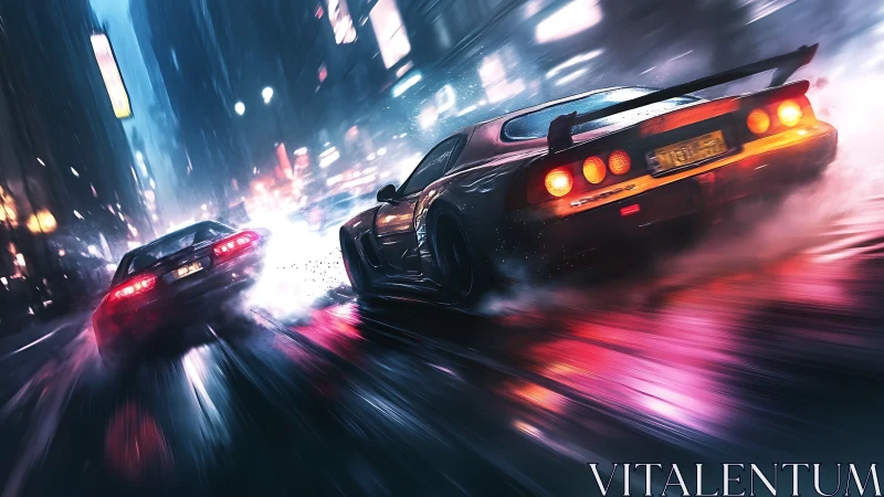 Neon street racers drift through rain soaked cyber city