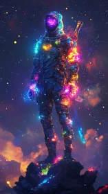 Cosmic hooded warrior wrapped in neon starlight glow.