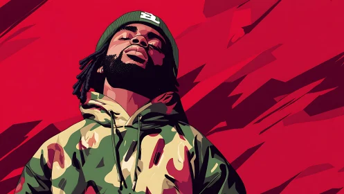 Stylized portrait shows hooded figure against angular red field