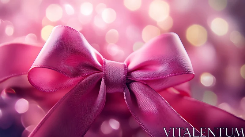 Soft pink ribbon bow glowing in dreamy festive light.