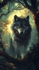 Grey wolf walking through misty forest with glowing eyes.