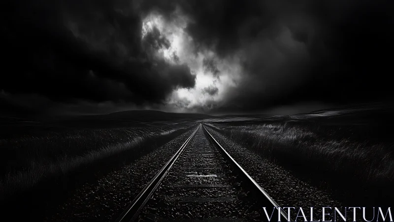 Storm-dark railway vanishes into a distant, ominous horizon