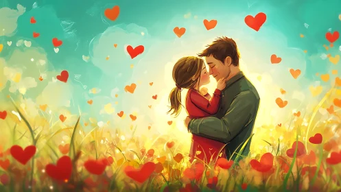 Love's Radiant Bloom: Two Hearts Dancing in Fields of Gold.