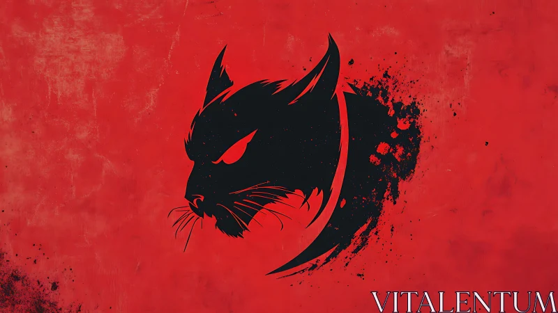 Feral black cat profile on distressed crimson backdrop.
