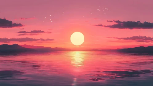 Radiant pink ocean sunset with silhouetted distant peaks.