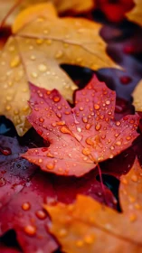 Raindrops rest on vivid autumn maple leaves in close focus