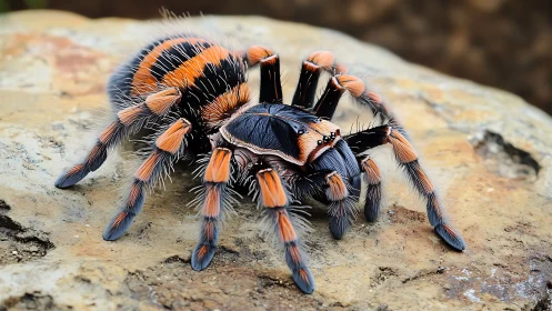 Macro study of vividly banded tarantula on natural rock substrate