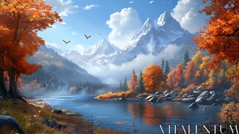 Digital painting of alpine lake within radiant autumn valley.