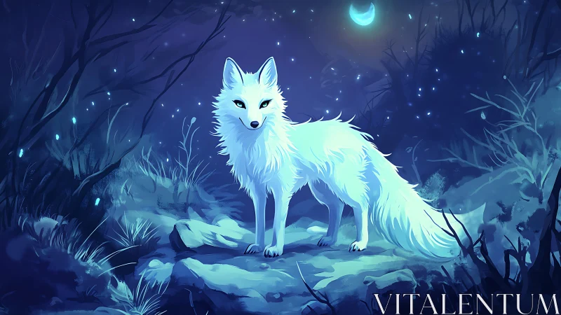 Luminous white fox stands watch beneath an enchanted moonlit sky