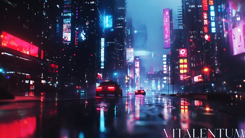 Rain-soaked cyberpunk avenue with neon-lit high-rise facades