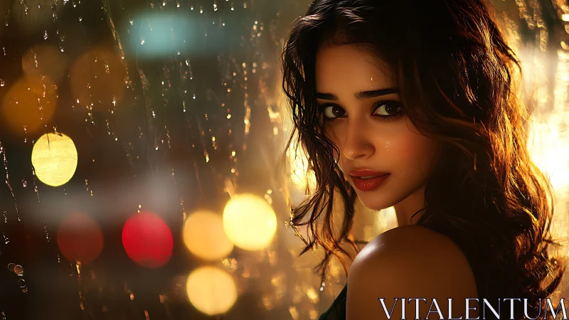 Moody portrait of wet-haired woman in golden city rain.