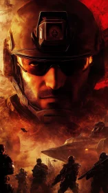 Military commander portrait over sci fi battlefield in flames.