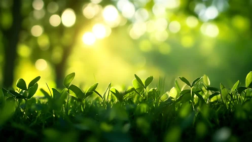 Sunlit Greenery with Dew Drops in Soft Focus Nature Style.