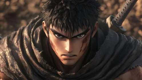 3D anime warrior close-up with dramatic battle-worn detailing.