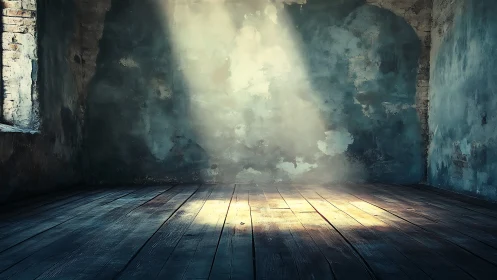 Empty weathered room with single shaft of warm light.