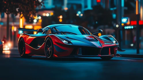 Neon street hypercar slicing through electric city twilight.