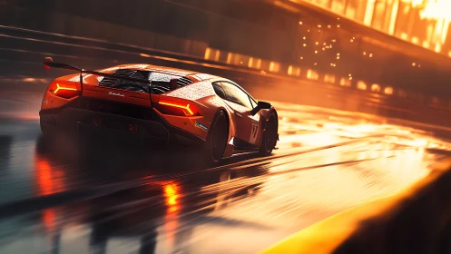 Orange GT race car on wet circuit at sunset, rear motion view