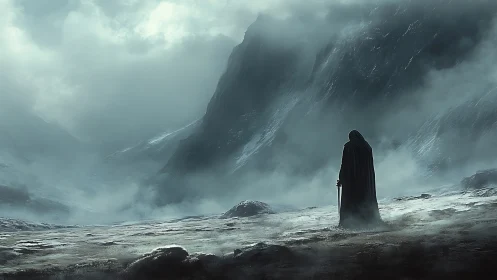Cloaked wanderer studies glacial valley under heavy fog dynamics