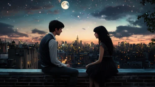 Rooftop Silhouettes Beneath Full Lunar Radiance Over Metropolitan Skyline.